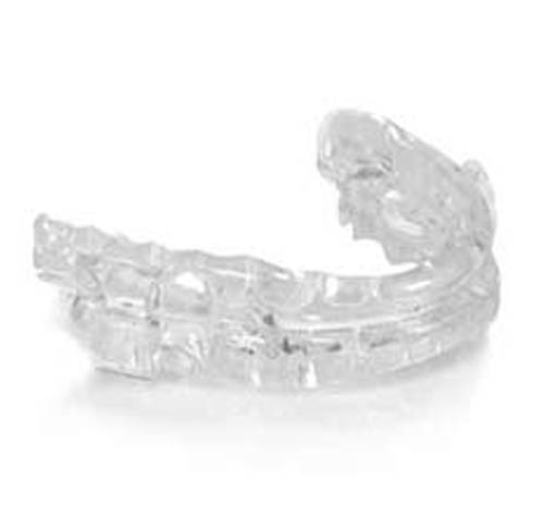 Clear plastic dental retainer with teeth-like shapes on a white background.